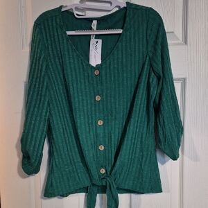 Love Teal-Green Button-Front Tie Hem Top